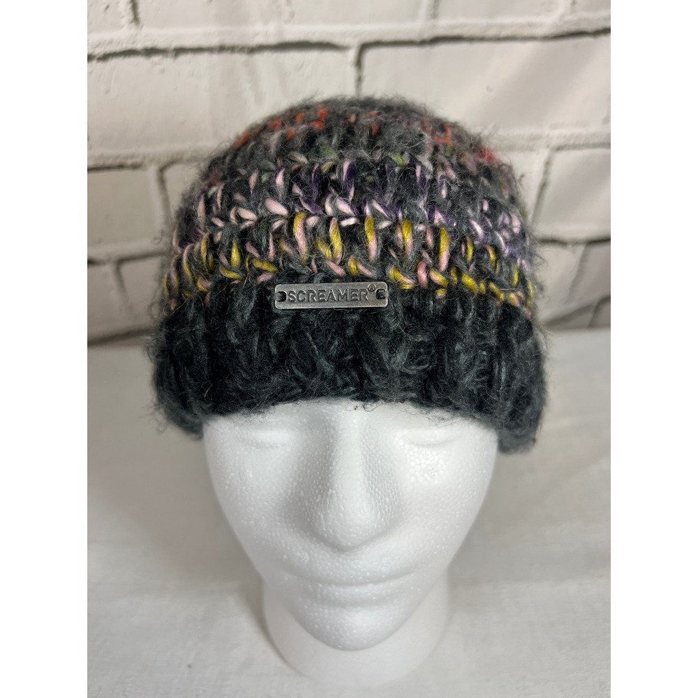 SCREAMER Fuzzy Chunky Knit Beanie - Charcoal Multicolored Grunge